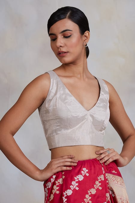 Buy_Priyanka Raajiv_Silver Tissue Silk Chanderi V Neck Mrinal Sleeveless Blouse _Online_at_Aza_Fashions