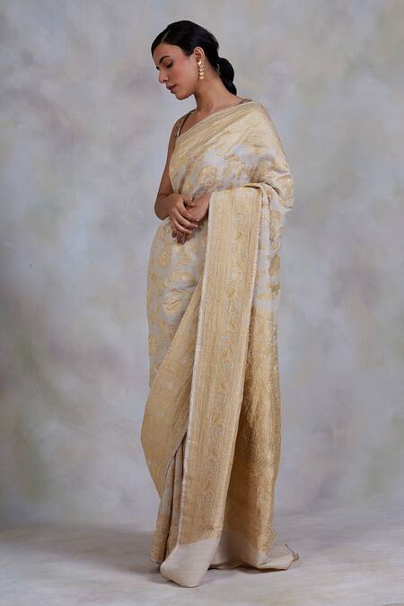 Buy_Priyanka Raajiv_White Muga Banarasi Kadua Floral Motifs Chandramallika Woven Saree_Online_at_Aza_Fashions