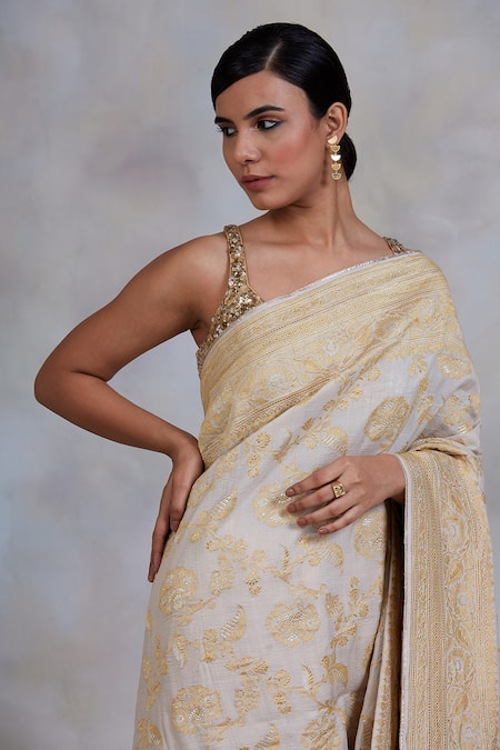 Shop_Priyanka Raajiv_White Muga Banarasi Kadua Floral Motifs Chandramallika Woven Saree_Online_at_Aza_Fashions
