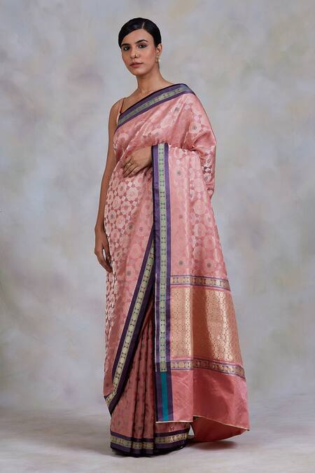 Shop Priyanka Raajiv Pink Banarasi Silk Floral Motifs Gule Asharfi Woven Saree at Aza Fashions Shop_Priyanka Raajiv_Pink Banarasi Silk Floral Motifs Gule Asharfi Woven Saree_at_Aza_Fashions
