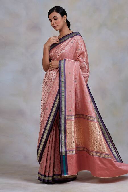 Priyanka Raajiv Pink Banarasi Silk Floral Motifs Gule Asharfi Woven Saree Online at Aza Fashions Priyanka Raajiv_Pink Banarasi Silk Floral Motifs Gule Asharfi Woven Saree_Online_at_Aza_Fashions