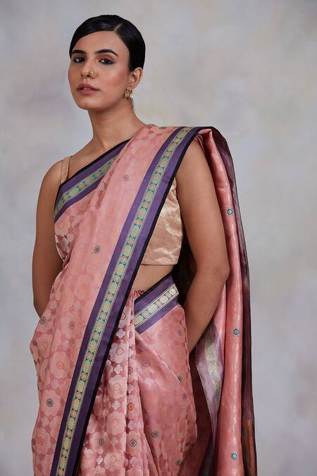 Shop Priyanka Raajiv Pink Banarasi Silk Floral Motifs Gule Asharfi Woven Saree Online at Aza Fashions Shop_Priyanka Raajiv_Pink Banarasi Silk Floral Motifs Gule Asharfi Woven Saree_Online_at_Aza_Fashions