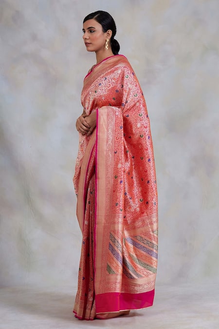Priyanka Raajiv_Pink Banarasi Kadua Silk Floral Motifs Sadabahaar Woven Saree_Online_at_Aza_Fashions