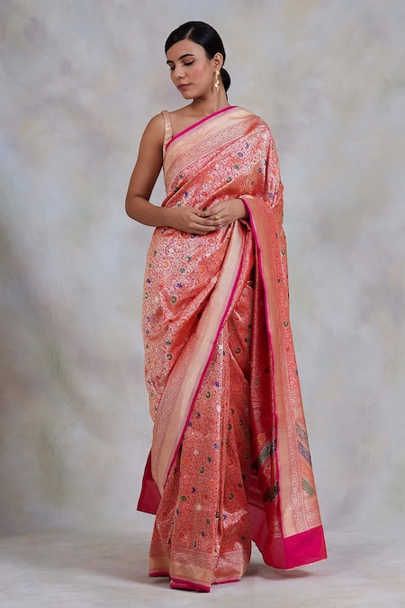 Buy_Priyanka Raajiv_Pink Banarasi Kadua Silk Floral Motifs Sadabahaar Woven Saree_Online_at_Aza_Fashions