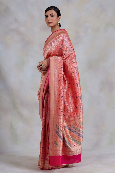 Shop_Priyanka Raajiv_Pink Banarasi Kadua Silk Floral Motifs Sadabahaar Woven Saree_Online_at_Aza_Fashions