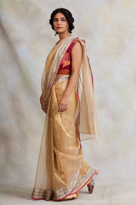 Priyanka Raajiv_Gold Chanderi Silk Striped Harsingar Saree_Online_at_Aza_Fashions