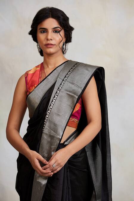 Shop Priyanka Raajiv Black Chanderi Silk Geometric Motifs Advika Saree Online at Aza Fashions Shop_Priyanka Raajiv_Black Chanderi Silk Geometric Motifs Advika Saree _Online_at_Aza_Fashions