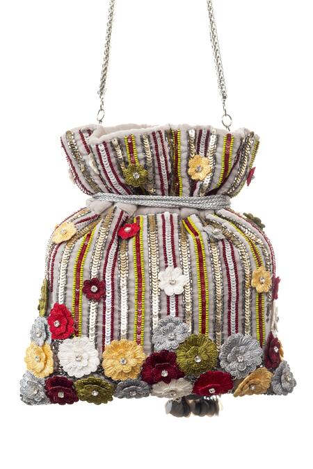Shop SG Collection By Sonia Gulrajani Grey Embroidered Bloom Potli at Aza Fashions Shop_SG Collection By Sonia Gulrajani_Grey Embroidered Bloom Potli _at_Aza_Fashions