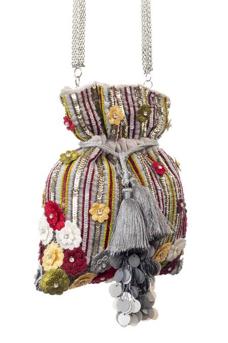 SG Collection By Sonia Gulrajani Grey Embroidered Bloom Potli Online at Aza Fashions SG Collection By Sonia Gulrajani_Grey Embroidered Bloom Potli _Online_at_Aza_Fashions