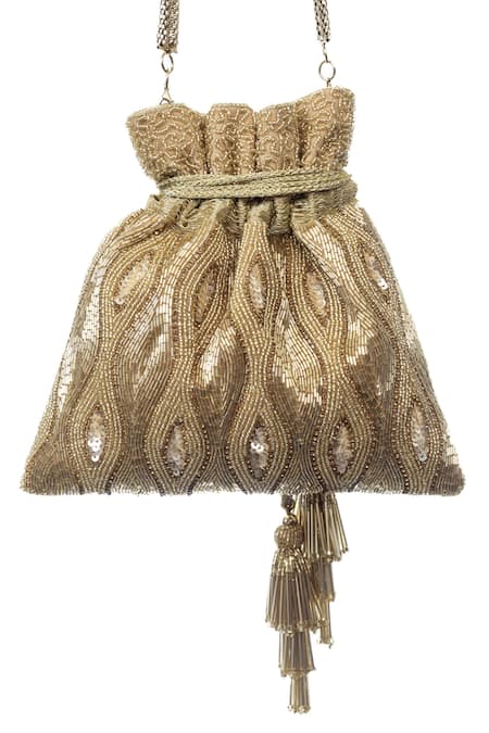 Shop SG Collection By Sonia Gulrajani Gold Embroidered Cinderella Potli at Aza Fashions Shop_SG Collection By Sonia Gulrajani_Gold Embroidered Cinderella Potli _at_Aza_Fashions