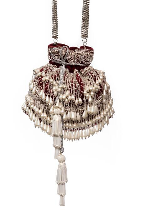 SG Collection By Sonia Gulrajani Maroon Beads, Pearls Velvet Drop Potli Online at Aza Fashions SG Collection By Sonia Gulrajani_Maroon Beads, Pearls Velvet Drop Potli _Online_at_Aza_Fashions