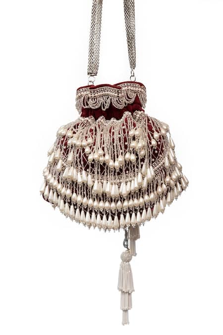 Shop SG Collection By Sonia Gulrajani Maroon Beads, Pearls Velvet Drop Potli at Aza Fashions Shop_SG Collection By Sonia Gulrajani_Maroon Beads, Pearls Velvet Drop Potli _at_Aza_Fashions