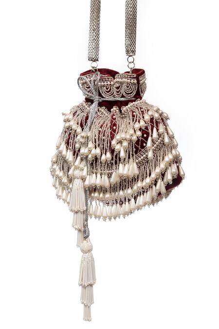 Buy SG Collection By Sonia Gulrajani Maroon Beads, Pearls Velvet Drop Potli Online at Aza Fashions Buy_SG Collection By Sonia Gulrajani_Maroon Beads, Pearls Velvet Drop Potli _Online_at_Aza_Fashions