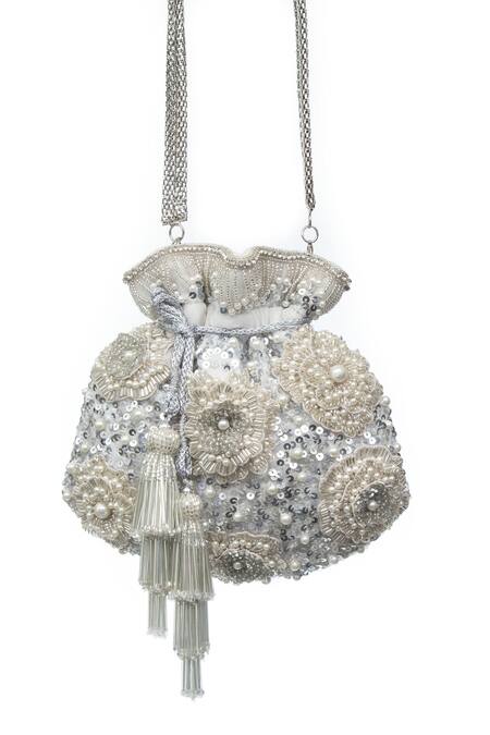 SG Collection By Sonia Gulrajani_White Embroidered Dahlia Velvet Potli _Online_at_Aza_Fashions