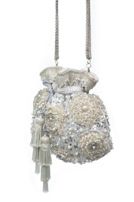 Buy_SG Collection By Sonia Gulrajani_White Embroidered Dahlia Velvet Potli _Online_at_Aza_Fashions