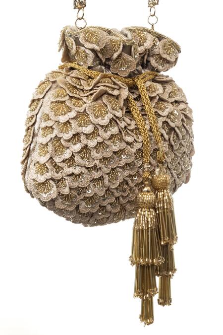 SG Collection By Sonia Gulrajani_Gold Embroidery, Beads, Sequins Dahlia Velvet Potli _Online_at_Aza_Fashions