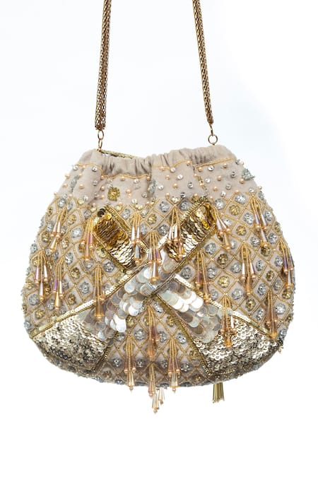 Shop SG Collection By Sonia Gulrajani Beige Embroidered Empress Velvet Potli at Aza Fashions Shop_SG Collection By Sonia Gulrajani_Beige Embroidered Empress Velvet Potli _at_Aza_Fashions