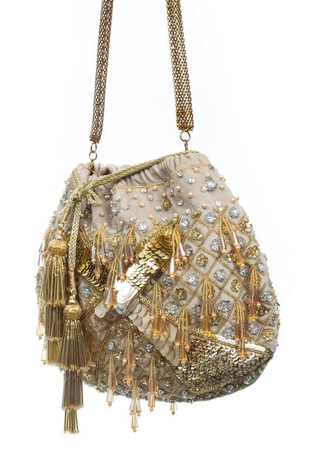 SG Collection By Sonia Gulrajani Beige Embroidered Empress Velvet Potli Online at Aza Fashions SG Collection By Sonia Gulrajani_Beige Embroidered Empress Velvet Potli _Online_at_Aza_Fashions