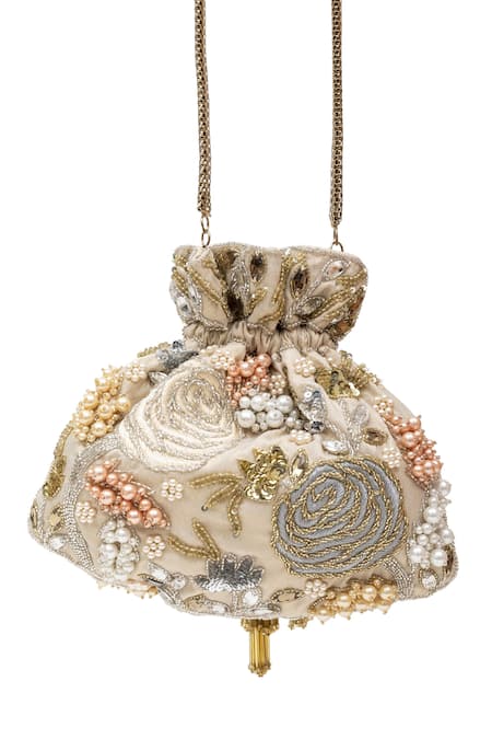 Shop SG Collection By Sonia Gulrajani Beige Embroidered Euphoria Velvet Potli at Aza Fashions Shop_SG Collection By Sonia Gulrajani_Beige Embroidered Euphoria Velvet Potli _at_Aza_Fashions