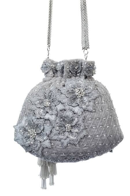 Shop SG Collection By Sonia Gulrajani Silver Embroidered Freesia Velvet Potli at Aza Fashions Shop_SG Collection By Sonia Gulrajani_Silver Embroidered Freesia Velvet Potli _at_Aza_Fashions