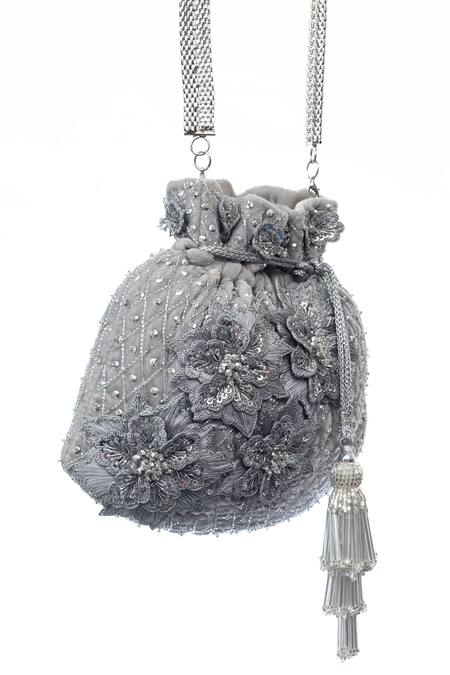 SG Collection By Sonia Gulrajani Silver Embroidered Freesia Velvet Potli Online at Aza Fashions SG Collection By Sonia Gulrajani_Silver Embroidered Freesia Velvet Potli _Online_at_Aza_Fashions