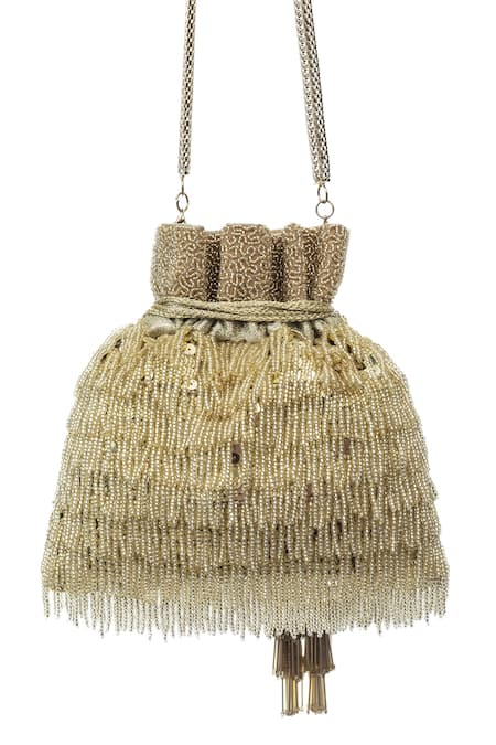 Shop SG Collection By Sonia Gulrajani Gold Embroidered Fringette Potli at Aza Fashions Shop_SG Collection By Sonia Gulrajani_Gold Embroidered Fringette Potli _at_Aza_Fashions