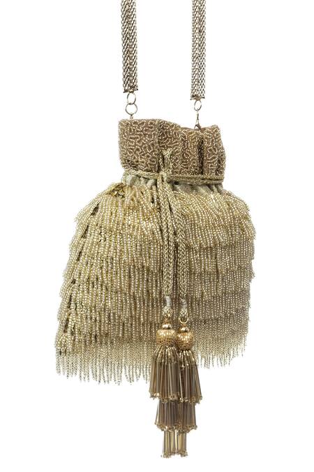 SG Collection By Sonia Gulrajani Gold Embroidered Fringette Potli Online at Aza Fashions SG Collection By Sonia Gulrajani_Gold Embroidered Fringette Potli _Online_at_Aza_Fashions