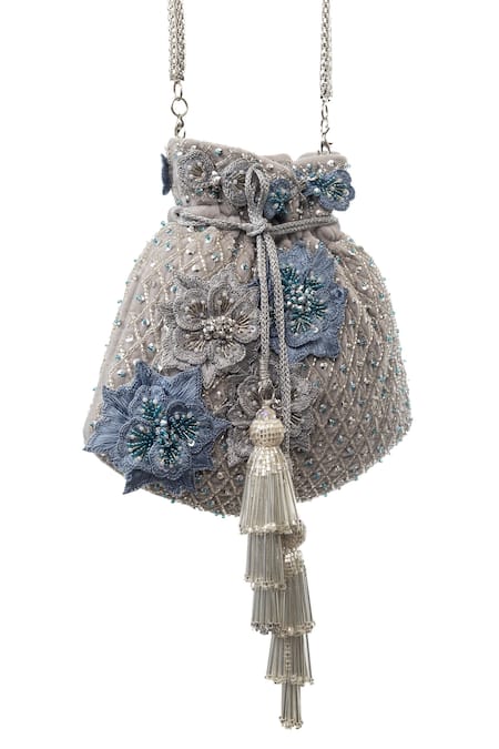 Buy_SG Collection By Sonia Gulrajani_Grey Embroidered Jasmine Potli _Online_at_Aza_Fashions