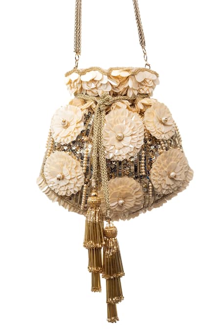 SG Collection By Sonia Gulrajani_Gold Embroidered Magnolia Potli _Online_at_Aza_Fashions