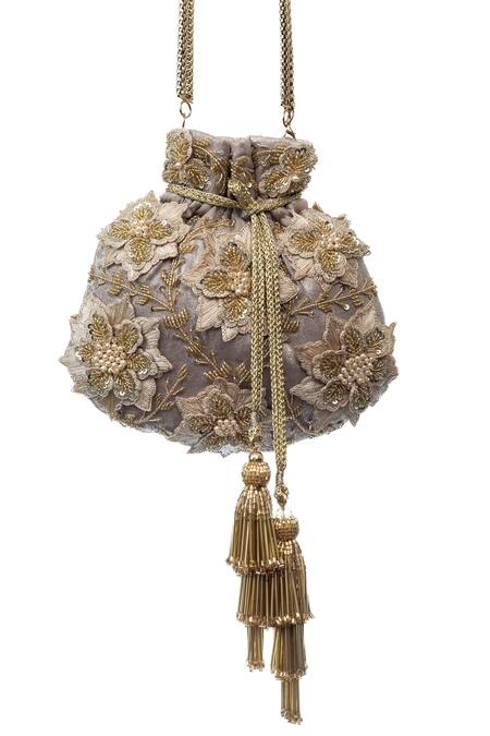 SG Collection By Sonia Gulrajani Gold Embroidery, Sequins Mayflower Velvet Potli Online at Aza Fashions SG Collection By Sonia Gulrajani_Gold Embroidery, Sequins Mayflower Velvet Potli _Online_at_Aza_Fashions