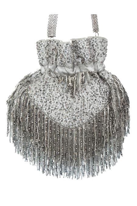 Shop SG Collection By Sonia Gulrajani Grey Embroidered Monroe Velvet Tassel Potli at Aza Fashions Shop_SG Collection By Sonia Gulrajani_Grey Embroidered Monroe Velvet Tassel Potli _at_Aza_Fashions