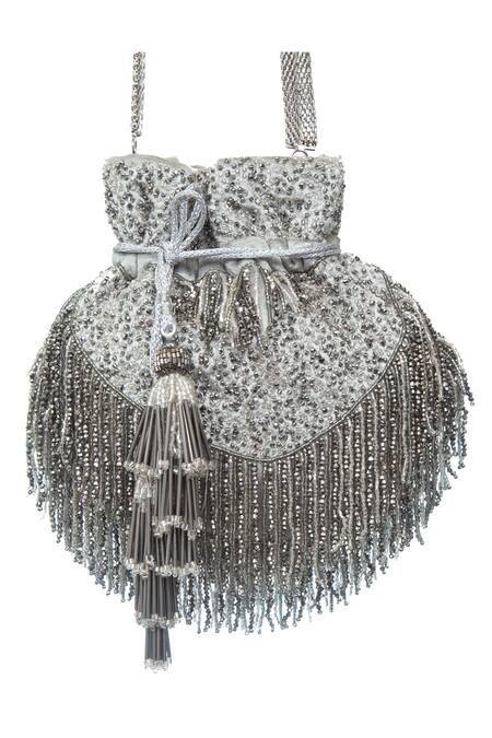 SG Collection By Sonia Gulrajani Grey Embroidered Monroe Velvet Tassel Potli Online at Aza Fashions SG Collection By Sonia Gulrajani_Grey Embroidered Monroe Velvet Tassel Potli _Online_at_Aza_Fashions