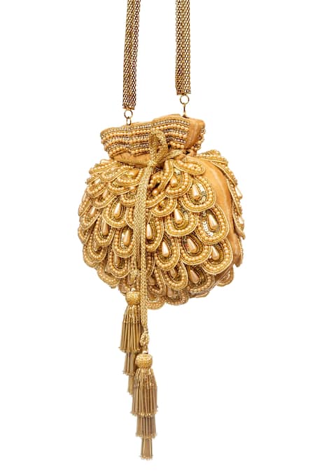 Buy_SG Collection By Sonia Gulrajani_Gold Embroidery Odette Velvet Scallop Potli _Online_at_Aza_Fashions