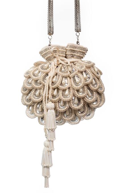 SG Collection By Sonia Gulrajani White Embroidery, Pearls Odette Velvet Scallop Potli Online at Aza Fashions SG Collection By Sonia Gulrajani_White Embroidery, Pearls Odette Velvet Scallop Potli _Online_at_Aza_Fashions