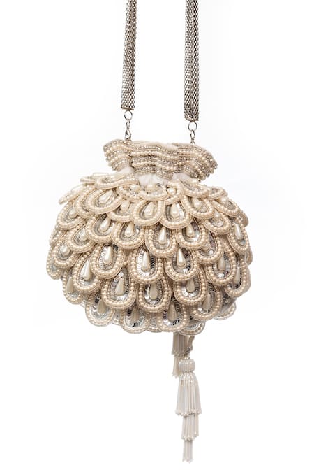 Shop SG Collection By Sonia Gulrajani White Embroidery, Pearls Odette Velvet Scallop Potli at Aza Fashions Shop_SG Collection By Sonia Gulrajani_White Embroidery, Pearls Odette Velvet Scallop Potli _at_Aza_Fashions