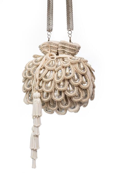 Buy SG Collection By Sonia Gulrajani White Embroidery, Pearls Odette Velvet Scallop Potli Online at Aza Fashions Buy_SG Collection By Sonia Gulrajani_White Embroidery, Pearls Odette Velvet Scallop Potli _Online_at_Aza_Fashions