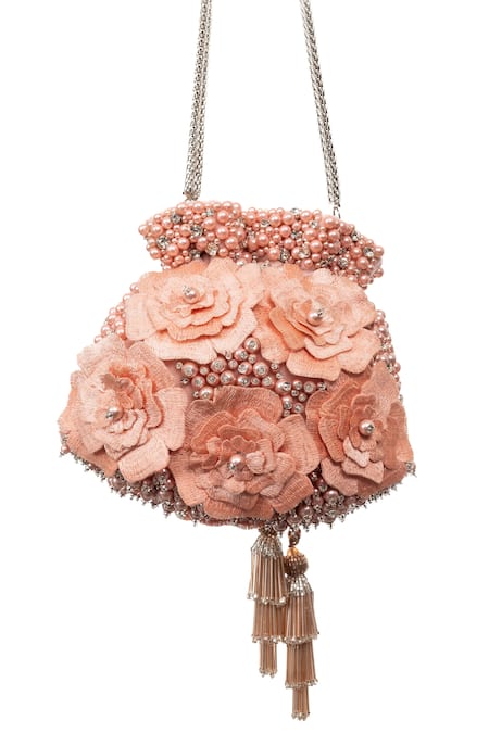 Shop SG Collection By Sonia Gulrajani Pink Applique, Crystals Penelope Floral Potli at Aza Fashions Shop_SG Collection By Sonia Gulrajani_Pink Applique, Crystals Penelope Floral Potli _at_Aza_Fashions