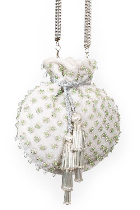 SG Collection By Sonia Gulrajani_White Embroidery, Crystals Willow Velvet Potli_Online_at_Aza_Fashions