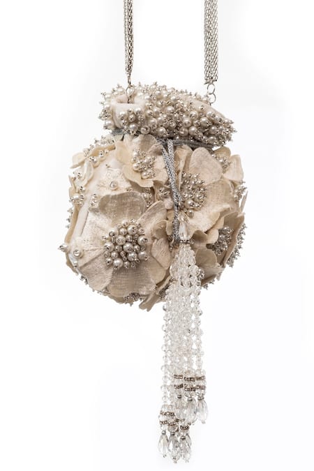 SG Collection By Sonia Gulrajani White Embroidery, Pearls Wisteria Velvet Potli Online at Aza Fashions SG Collection By Sonia Gulrajani_White Embroidery, Pearls Wisteria Velvet Potli _Online_at_Aza_Fashions