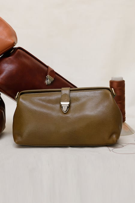 Tan & Loom Green Olive Genuine Leather Sling Bag at Aza Fashions Tan & Loom_Green Olive Genuine Leather Sling Bag _at_Aza_Fashions