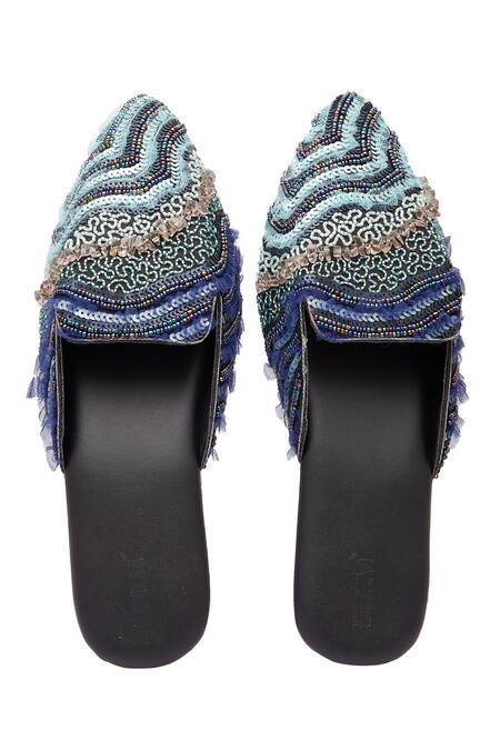 Shop Durvi Blue Persian Gulf Stone Embellished Mules at Aza Fashions Shop_Durvi_Blue Persian Gulf Stone Embellished Mules_at_Aza_Fashions