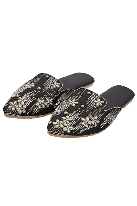 Durvi Coal Floral Embroidered Mules 