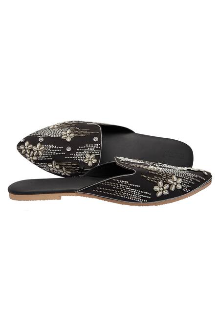 Durvi_Black Coal Floral Embroidered Mules_Online_at_Aza_Fashions
