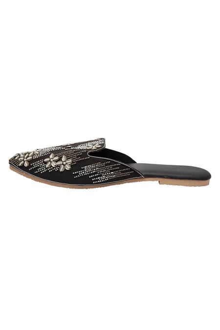 Buy_Durvi_Black Coal Floral Embroidered Mules_Online_at_Aza_Fashions