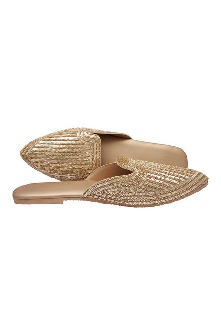 Durvi_Gold Sequin Embellished Mules_Online_at_Aza_Fashions