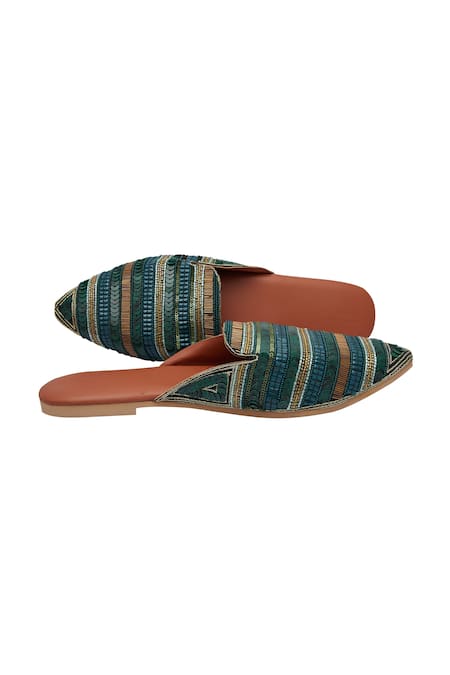 Durvi_Green Tapestry Embellished Mules_Online_at_Aza_Fashions