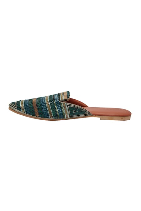 Buy_Durvi_Green Tapestry Embellished Mules_Online_at_Aza_Fashions