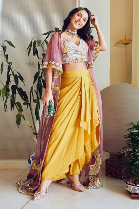 Crop Top With Dhoti Skirt Indo Western Dress Blouse With Cowl Skirt Indian  Dress | eBay