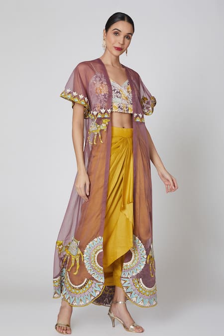 Leela By A Purple Linen-satin And Organza Embroidered Cape With Draped Dhoti Skirt Set Online at Aza Fashions Leela By A_Purple Linen-satin And Organza Embroidered Cape With Draped Dhoti Skirt Set_Online_at_Aza_Fashions