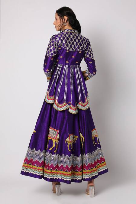 Shop Leela By A Purple Silk Camel Motifs Mandarin Collar Embroidered Peplum And Lehenga Set at Aza Fashions Shop_Leela By A_Purple Silk Camel Motifs Mandarin Collar Embroidered Peplum And Lehenga Set_at_Aza_Fashions
